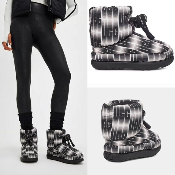 UGG Women's Black White All Over Logo Classic Maxi Wavelength Short Boots 7 NEW - Picture 1 of 4